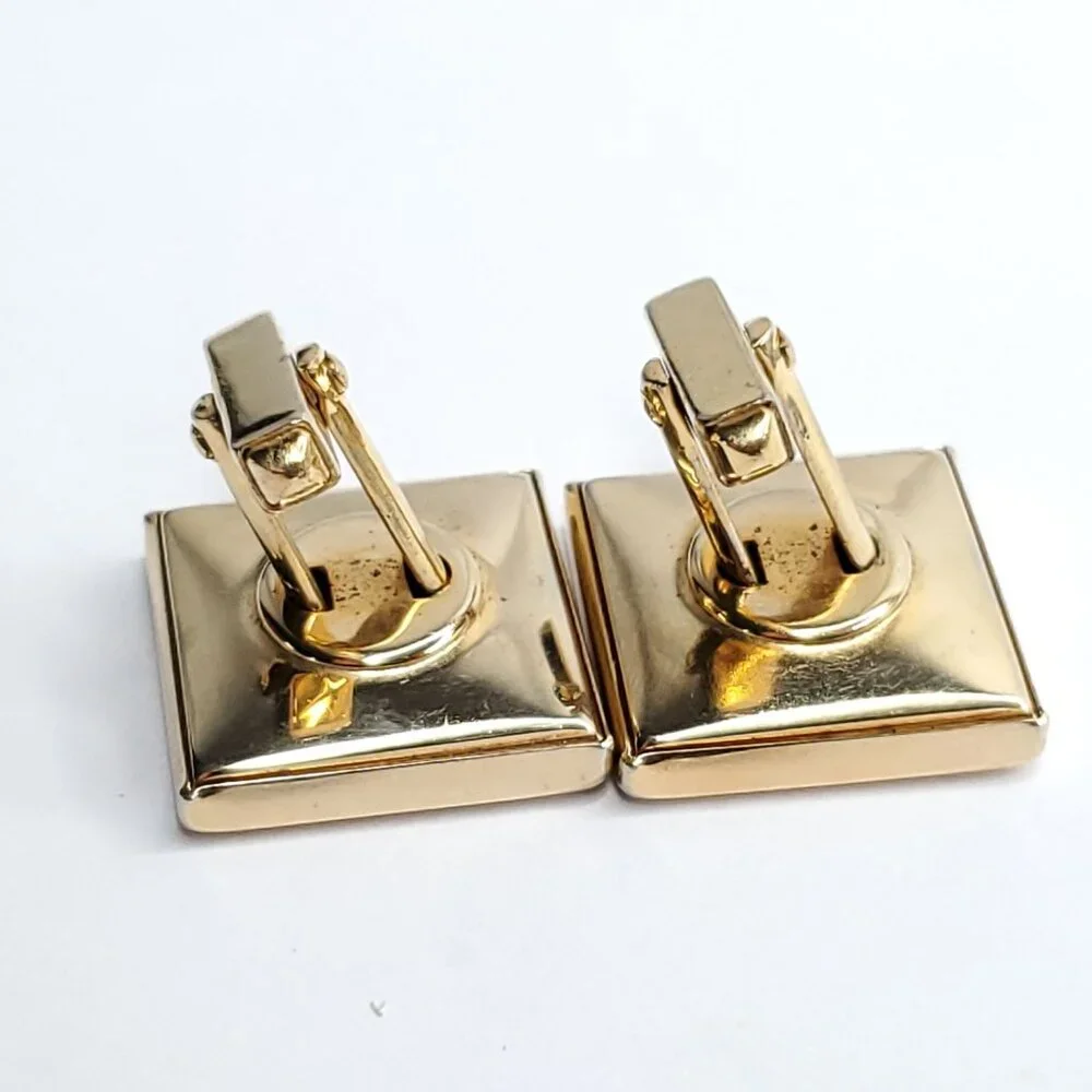 Vintage Anson Cufflinks Gold Tone Brown Leather Square